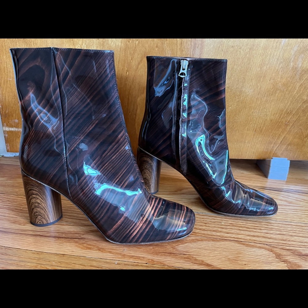 Acne Studios brown patent leather square toe block heel boots